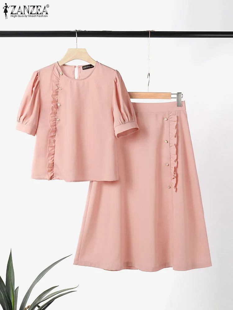 ZANZEA 2PCS Puff Short Sleeve Dress Sets Formal Office Long Skirt Sets Summer Women Elegant Suit Vintage Ruffled Buttons Outfits