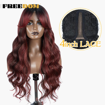 FREEDOM Synthetic Lace Wigs For Black Women Super Long Body Wavy Side Part Lace Wig Brown Ombre Blue Cosplay Wigs Heat Resistant