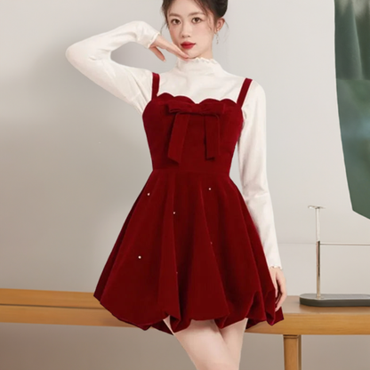 Christmas Two-piece Dress Set Women Solid Sweater A-line Velvet Sleeveless Short Dress Korean Fashion Female Autumn New Outfits