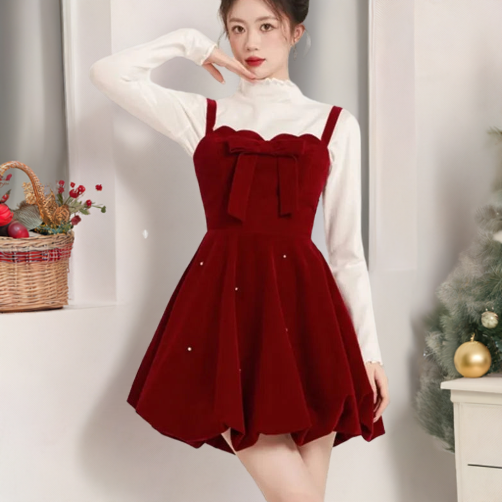 Christmas Two-piece Dress Set Women Solid Sweater A-line Velvet Sleeveless Short Dress Korean Fashion Female Autumn New Outfits